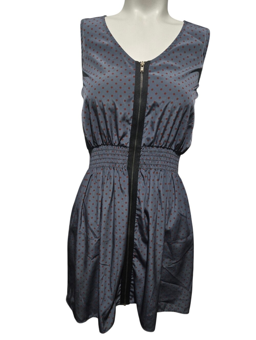 Everly Slate Blue Burgundy Polka Dot Zip Front Sleeveless Dress